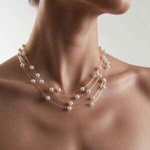 Diamond Boutique Multi Strand Floating Pearl Illusion Necklace 17" NIB